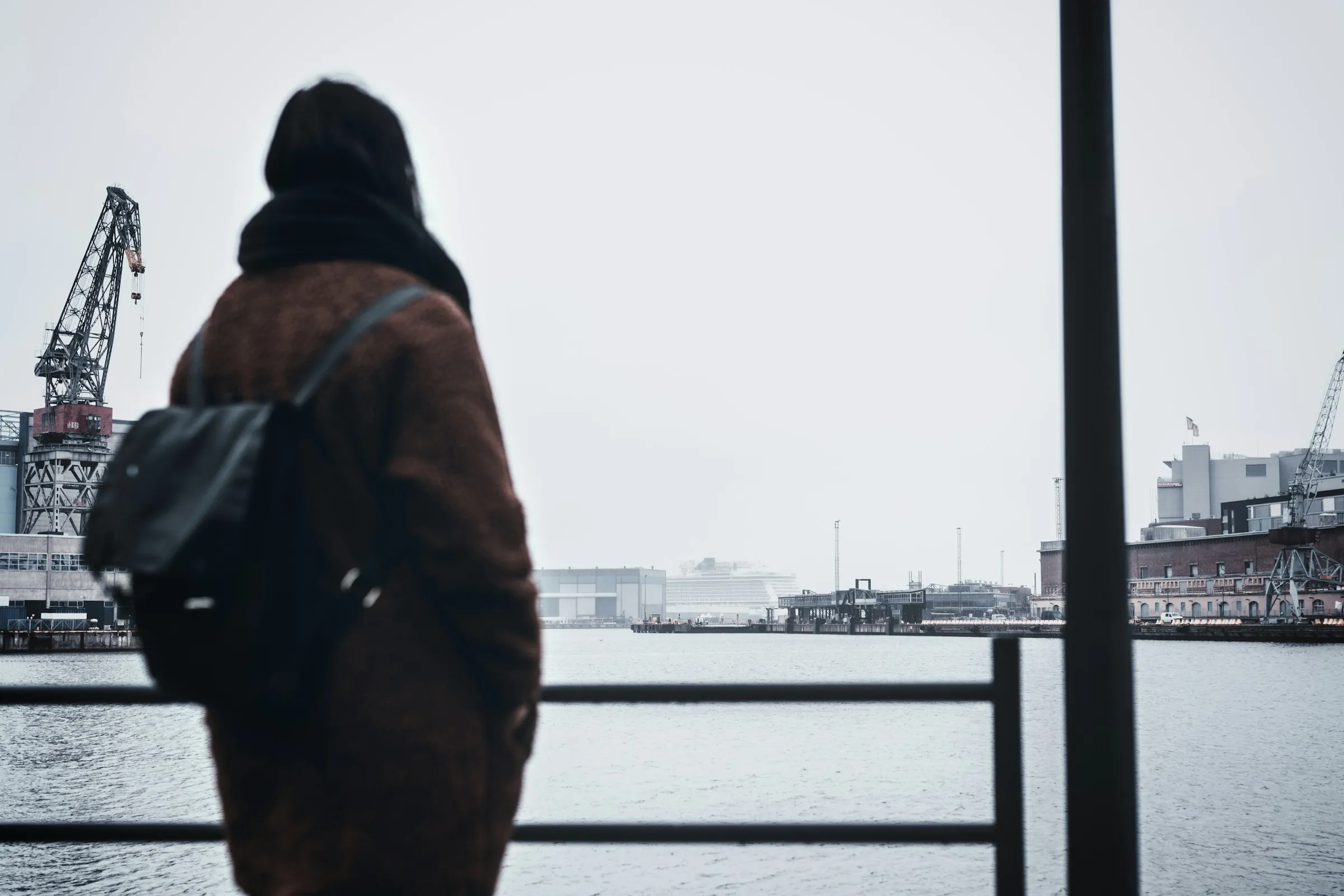 A person at a railing looking across the water toward the shipyard cranes of Helsinki's West Harbour